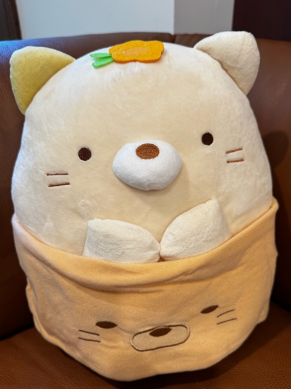 Plush Beige Cream Cat Stuffed Animal with Orange Flower
